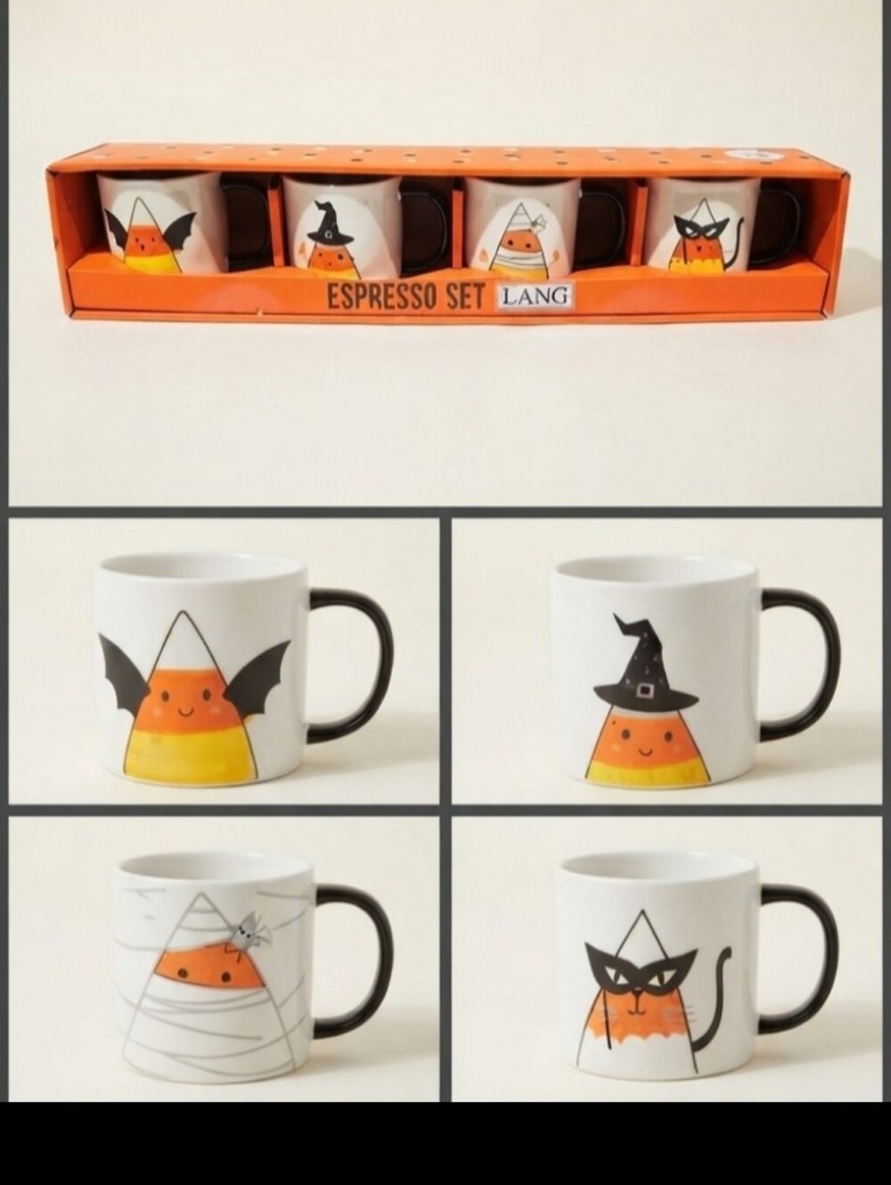 4pc Lang Halloween Ceramic Espresso Set Candy Corn Theme New